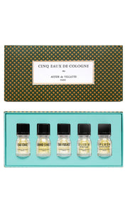 Astier de Villatte discovery set of five eaux de cologne fragrance, 10ml glass bottles in a luxurious green box decorated with gold clover motifs, available at Amara Home.