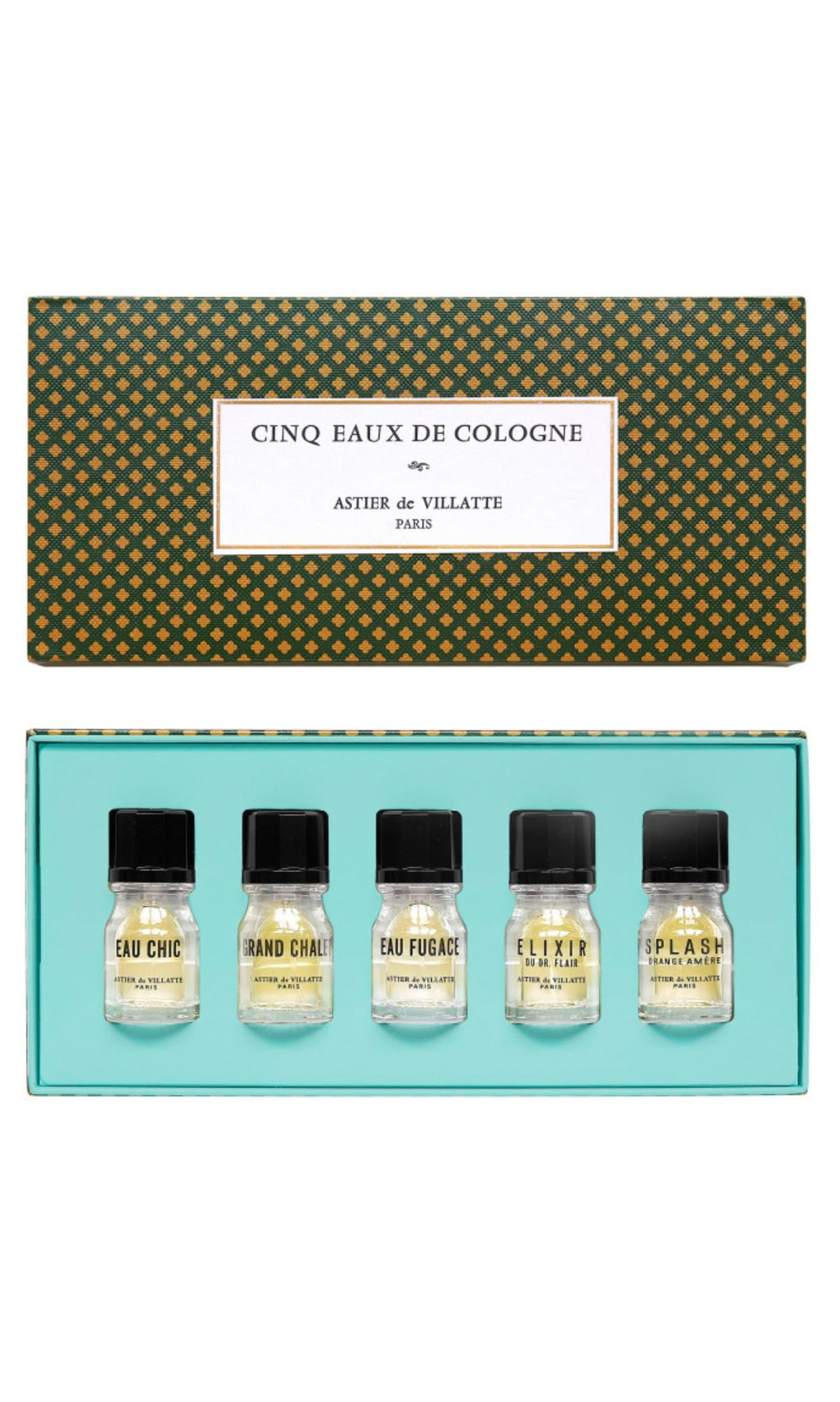 Astier de Villatte discovery set of five eaux de cologne fragrance, 10ml glass bottles in a luxurious green box decorated with gold clover motifs, available at Amara Home.