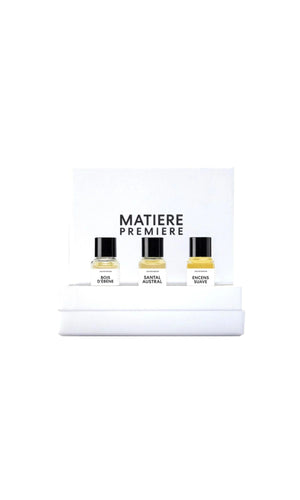 Set of 3 x 6ml Eau de Parfum from French brand Matiere Premier, discovery gift set available at Amara Home.