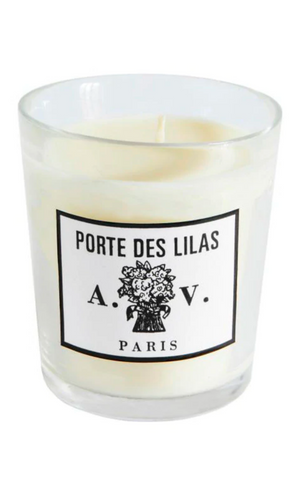 Astier de Villatte Porte Des Lilas beeswax candle in glass vessel made in France available at Amara Home