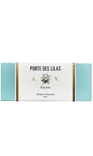 Astier de Villatte Porte des Lilas Incense in blue and gold box, available at Amara Home.