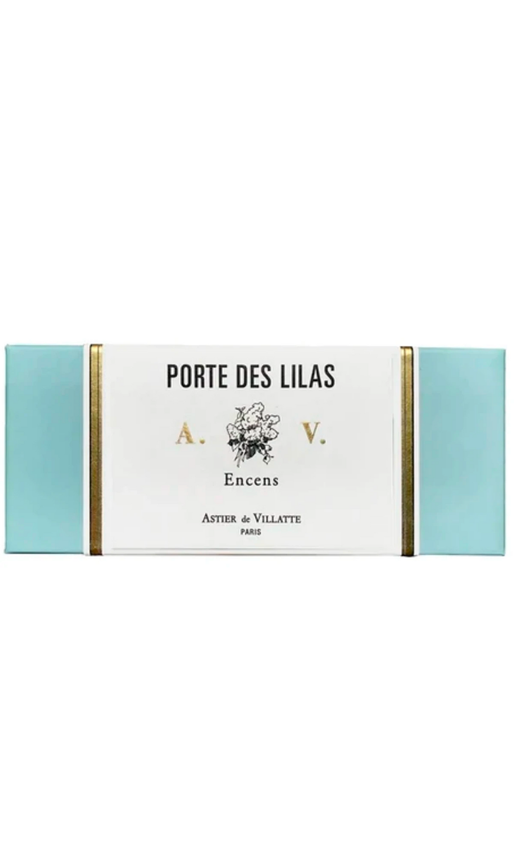 Astier de Villatte Porte des Lilas Incense in blue and gold box, available at Amara Home.