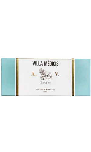 Astier de Villatte Villa Medicis Incense in blue and gold box, available at Amara Home.